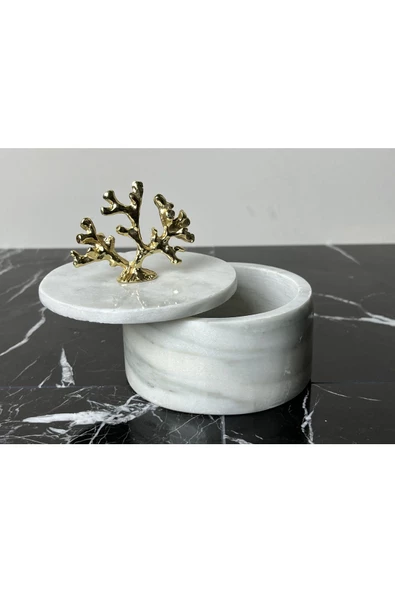 Modestmar Doğal Mermer Kase, Gold Mercan Aksesuarlı Kapaklı Mermer Kase, Dekoratif Kase, Calacatta Kase - 2