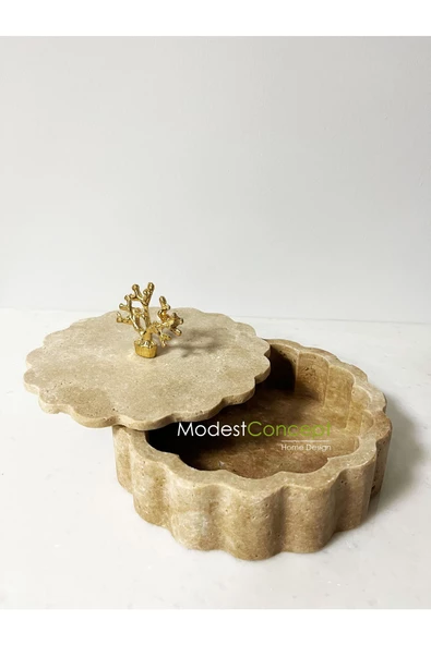 Modestmar Traverten Kase Kenar Detaylı Kapaklı 20cm, Traverten Kase, Gold Mercan Aksesuarlı Kase
