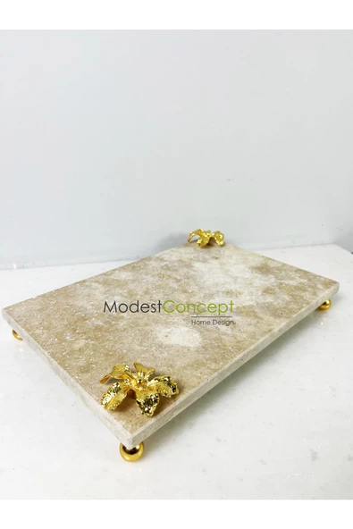 Modestmar Traverten Mermer Sunum Tepsisi 20x30 Gold Çiçek Detaylı Gold Top Ayaklı - 2