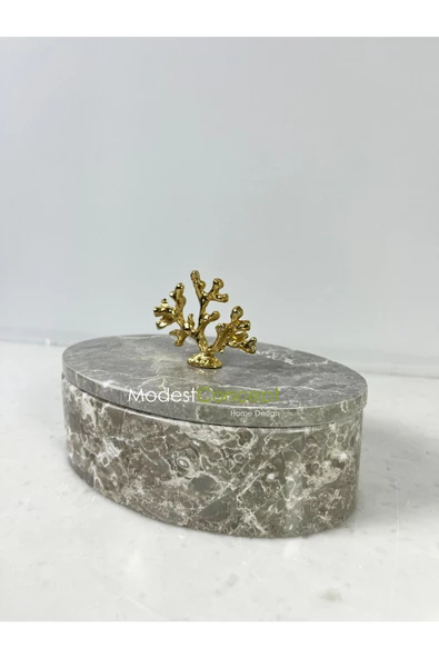 Modestmar Doğal Gri Mermer Kase, Mermer Takı Kutusu,mermer Organizer, Dekoratif Kase, Oval Kase Gold Mercan - Resim 5