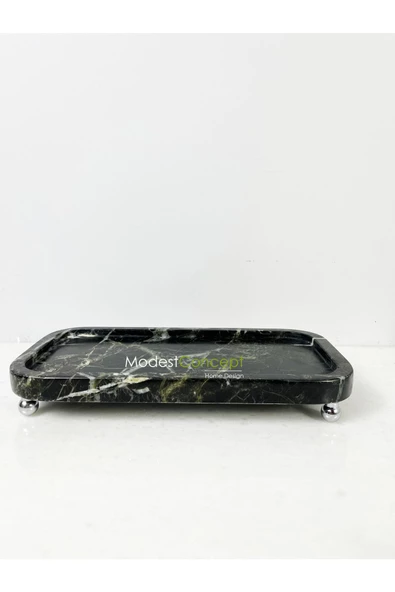 Modestmar Doğal Siyah Mermer Sunum Tabağı, Servis Tabağı Oval Kenar Gümüş Top Ayaklı ürün görseli