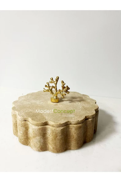 Modestmar Traverten Kase Kenar Detaylı Kapaklı 20cm, Traverten Kase, Gold Mercan Aksesuarlı Kase - 6