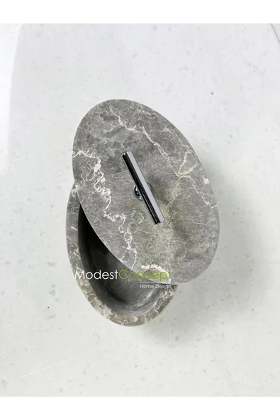 Modestmar Doğal Gri Mermer Kase, Mermer Takı Kutusu,mermer Organizer, Dekoratif Kase, Oval Kase Gümüş T Kulplu - 4