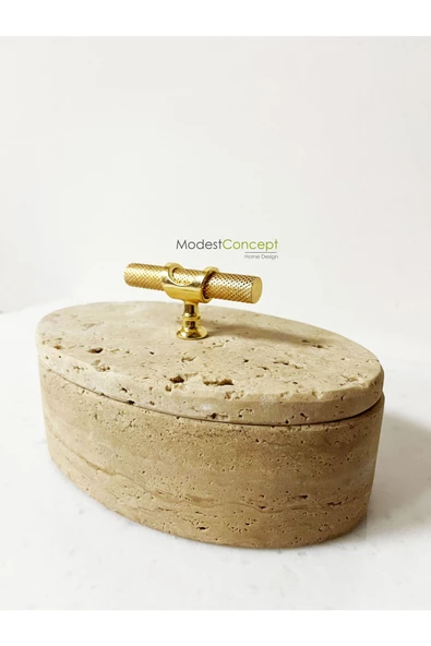 Modestmar Doğal Traverten Mermer Kase, Mermer Takı kutusu,Mermer Organizer, Dekoratif Kase, Oval Kase Kulplu - 4