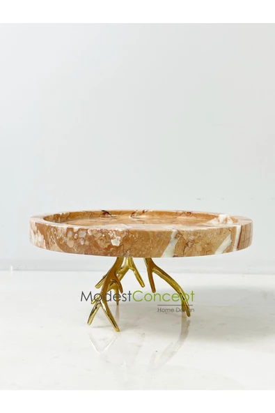 Modestmar Doğal Pembe Mermer Yuvarlak Tepsi 20cm Gold Ayaklı Pink Rosa - 6