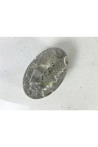 Modestmar Doğal Gri Mermer Kase, Mermer Takı kutusu,Mermer Organizer, Dekoratif Kase, Oval Kase Gümüş Mercan - 3
