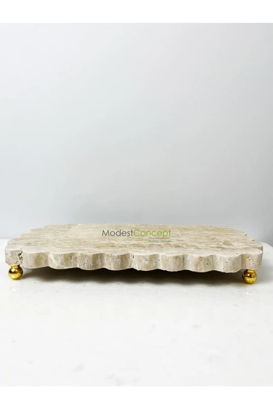 Modestmar Doğal Traverten Mermer Gold Ayaklı Sunumluk, Dekoratif Sunum Kenar Detaylı, Supla - Resim 2