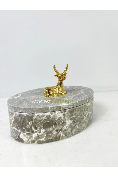 Modestmar Doğal Gri Mermer Kase, Mermer Takı Kutusu,mermer Organizer, Dekoratif Kase, Oval Kase Gold Geyik - 2