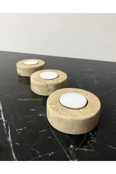 Modestmar Doğal Traverten Mumluk, Mermer Mumluk, Mermer Tealight Mumluk 3 Adet, Yuvarlak Mermer Mumluk