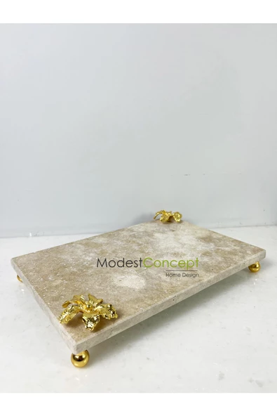 Modestmar Traverten Mermer Sunum Tepsisi 20x30 Gold Çiçek Detaylı Gold Top Ayaklı