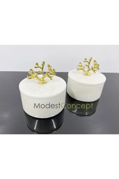 Modestmar Doğal Mermer Kase, Gold Mercan Aksesuarlı Kapaklı Mermer Kase, Dekoratif Kase 2 Adet - Resim 5