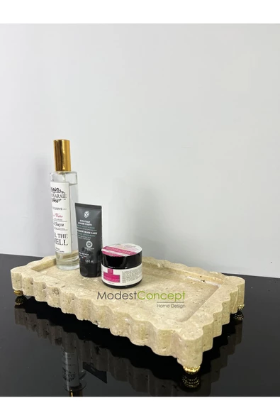 Modestmar Doğal Traverten Kenar Detaylı Sunum Gold Böğürtlen Top Ayaklı - Resim 6