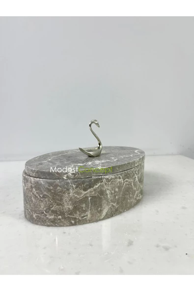 Modestmar Doğal Gri Mermer Kase, Mermer Takı kutusu,Mermer Organizer, Dekoratif Kase, Oval Kase Gümüş Kuğu - 2
