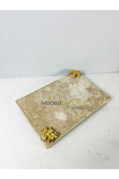 Modestmar Traverten Mermer Sunum Tepsisi 20x30 Gold Çiçek Detaylı Gold Top Ayaklı - 4