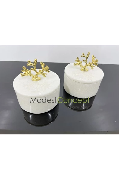 Modestmar Doğal Mermer Kase, Gold Mercan Aksesuarlı Kapaklı Mermer Kase, Dekoratif Kase 2 Adet - Resim 4
