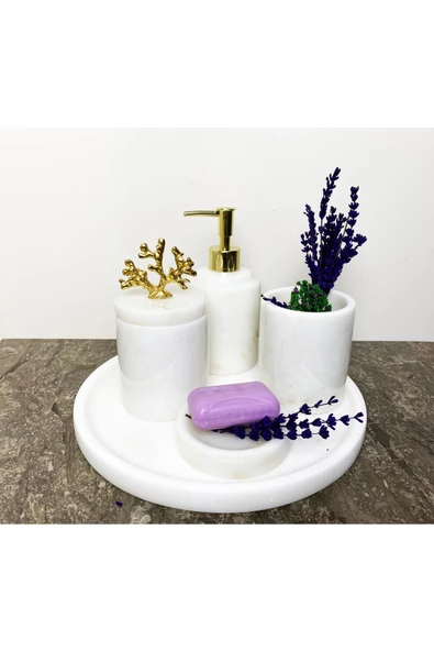 Modestmar Doğal Beyaz Mermer Banyo Seti 5 Li Gold Mercan - 4