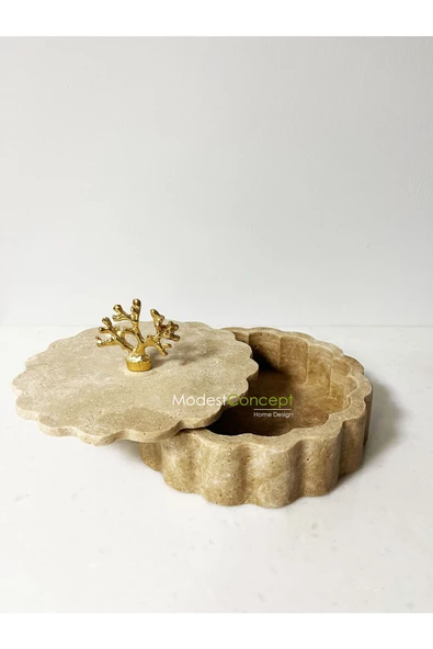 Modestmar Traverten Kase Kenar Detaylı Kapaklı 20cm, Traverten Kase, Gold Mercan Aksesuarlı Kase - 3