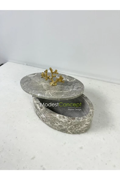 Modestmar Doğal Gri Mermer Kase, Mermer Takı Kutusu,mermer Organizer, Dekoratif Kase, Oval Kase Gold Mercan ürün görseli