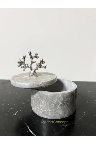 Modestmar Doğal Gri Mermer Kase, Dekoratif Kase, Mermer Kase Gümüş Detaylı, Kapaklı Kase - 4