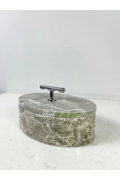 Modestmar Doğal Gri Mermer Kase, Mermer Takı Kutusu,mermer Organizer, Dekoratif Kase, Oval Kase Gümüş T Kulplu - 5