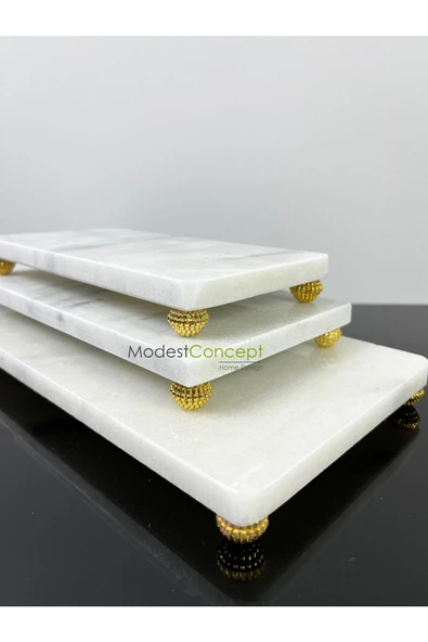 Modestmar Doğal Beyaz Mermer 3'lü Sunum Seti Gold Böğürtlen Ayak - Resim 6