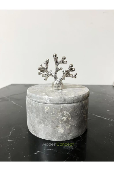 Modestmar Doğal Gri Mermer Kase, Dekoratif Kase, Mermer Kase Gümüş Detaylı, Kapaklı Kase - 6