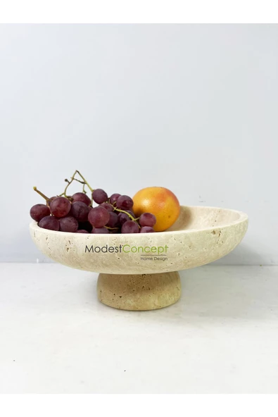 Modestmar Ivory Traverten Ayaklı Kase, Traverten Dekoratif Ayaklı Kase, Traverten Tabak 26cm - Resim 2