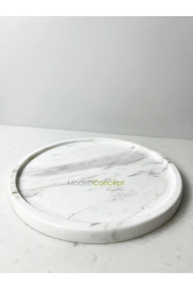 Modestmar Doğal Beyaz Mermer Yuvarlak Tepsi , Sunum Tabağı, Düzenleyici Volakas White - 6
