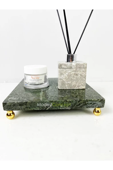 Modestmar Doğal Yeşil Mermer Ayaklı Kare Sunumluk, Dekoratif 20x20 Stand Mermer Tepsi, Mermer Supla Gold Ayak ürün görseli