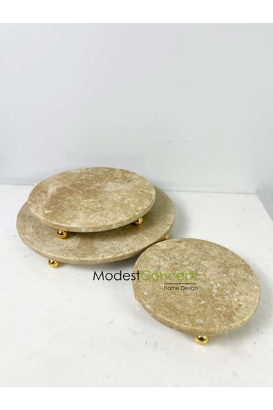 ModestConcept Traverten 3lü Sunum Seti, Traverten 3lü Set Gold Top Ayak - 4