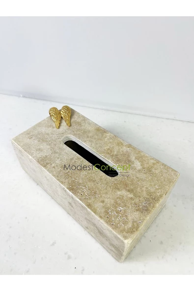 Modestmar Doğal Traverten Mermer Peçetelik -mendil Kutusu - Peçete Kutusu Gold Melek Kanatlı - 4