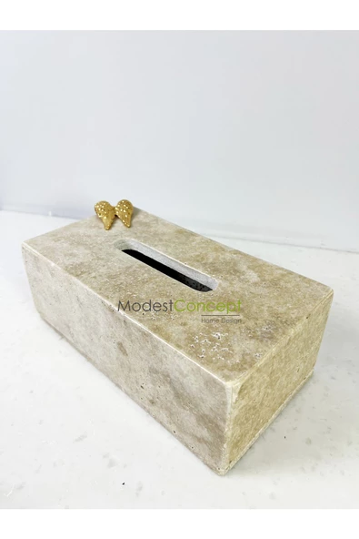 Modestmar Doğal Traverten Mermer Peçetelik -mendil Kutusu - Peçete Kutusu Gold Melek Kanatlı - 3