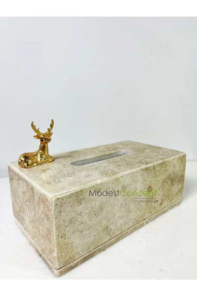Modestmar Doğal Traverten Mermer Peçetelik -mendil Kutusu - Peçete Kutusu Gold Oturan Geyik - 2
