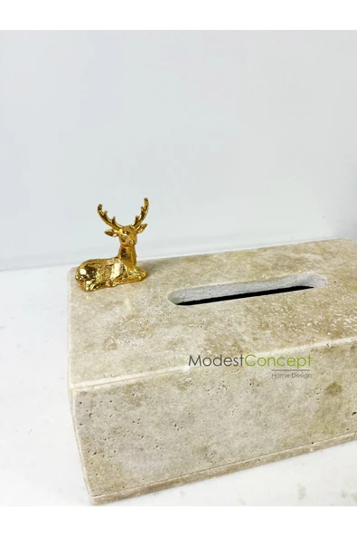 Modestmar Doğal Traverten Mermer Peçetelik -mendil Kutusu - Peçete Kutusu Gold Oturan Geyik - 3