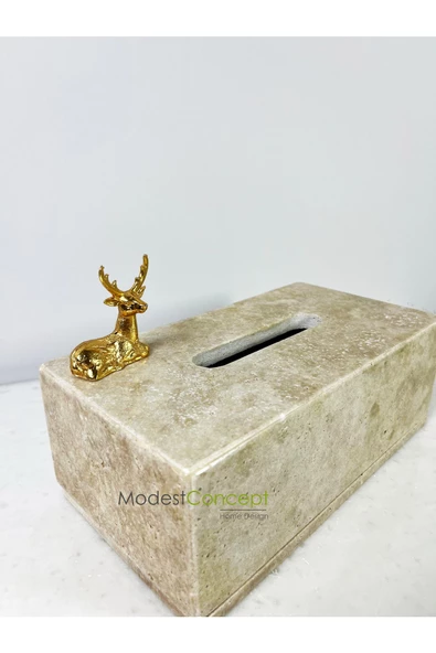 Modestmar Doğal Traverten Mermer Peçetelik -mendil Kutusu - Peçete Kutusu Gold Oturan Geyik - 6