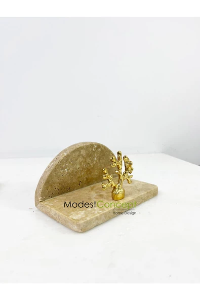 Modestmar Traverten Mermer Peçetelik Gold Mercan Objeli Yarım Daire Peçetelik - 3