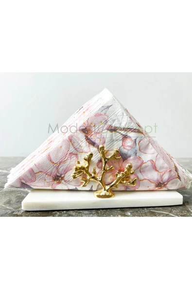 Modestmar Doğal Beyaz Mermer Peçetelik Gold Mercan Obleji Yarım Daire - 2