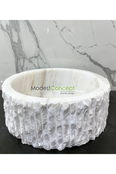 Modestmar Beyaz Mermer Lavabo Kenar Patlatmalı
