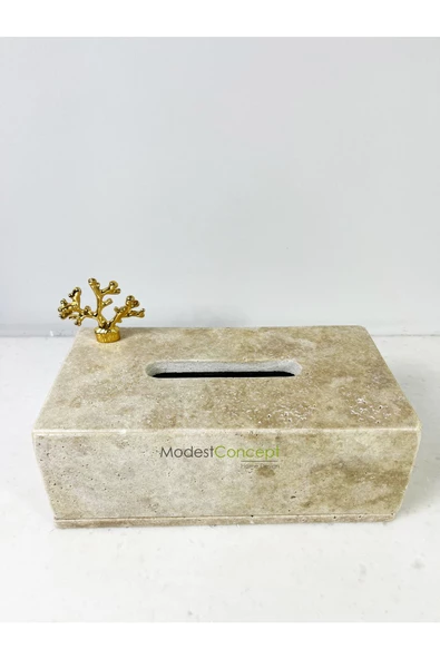 Modestmar Doğal Traverten Mermer Peçetelik -mendil Kutusu - Peçete Kutusu Gold Mercan - 5