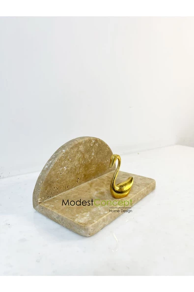 Modestmar Traverten Mermer Peçetelik Gold Kuğu Objeli Yarım Daire Peçetelik - 3