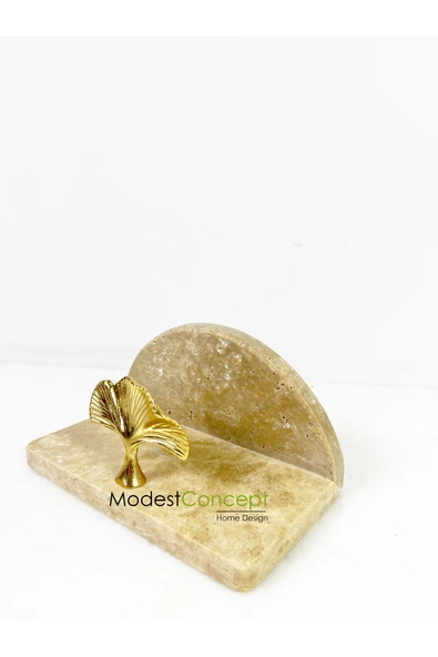 Modestmar Traverten Mermer Peçetelik Gold Gingko Objeli Yarım Daire Peçetelik - 5