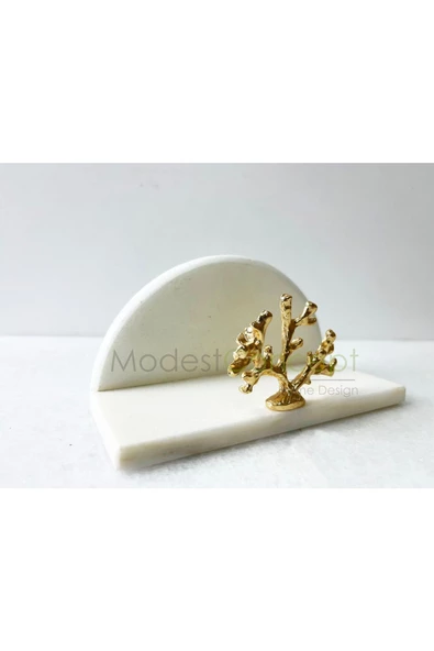 Modestmar Doğal Beyaz Mermer Peçetelik Gold Mercan Obleji Yarım Daire - 6