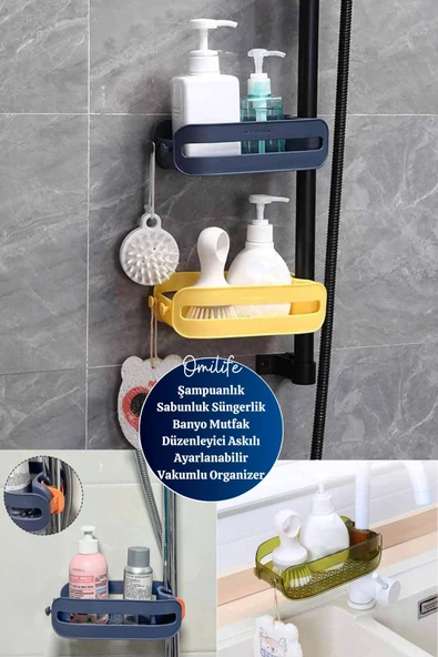 Şbampuanlık Sabunluk Süngerlik Banyo Mutfak Düzenleyici Askılı Ayarlanabilir Vakumlu Organizer