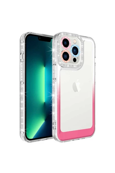 iPhone 14 Pro Uyumlu Simli ve Renk Geçiş Tasarımlı Lens Korumalı Zore Park Kılıf-Beyaz-Pembe