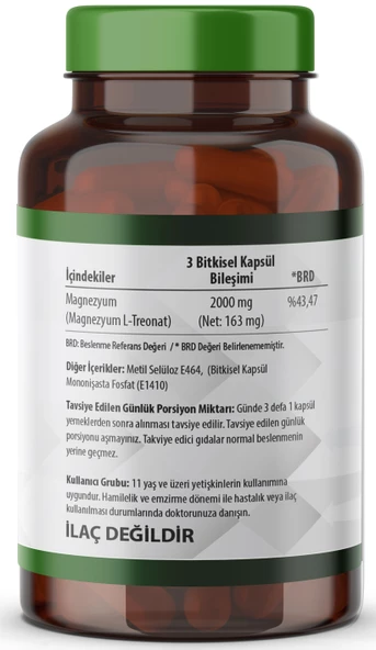 Magnezyum Magnesium L-threonate Vejeteryan 90 Bitkisel Kapsül Magnezyum L-treonat - 2