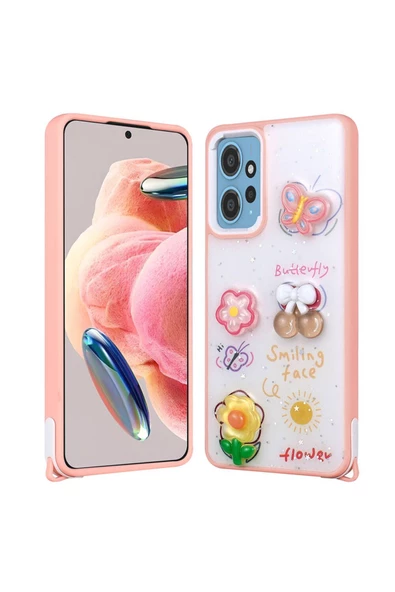 Xiaomi Redmi Note 12 4G Kılıf Parlayan Sıvılı Simli Kabartma Figürlü Zore Cevze Kapak-Pembe