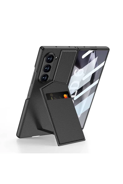 Galaxy Z Fold 6 Kılıf Karbon Fiber Deri Kartlıklı Zore Kıpta Dik Açılan Kartlıklı Kapak-Siyah