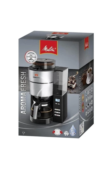 Melitta AromaFresh 1021-01, Öğütücülü ve Cam Sürahili Filtre Kahve Makinesi, Siyah Paslanmaz Çelik, 1.375 litre, 1000 W, Siyah Gümüş, Standart