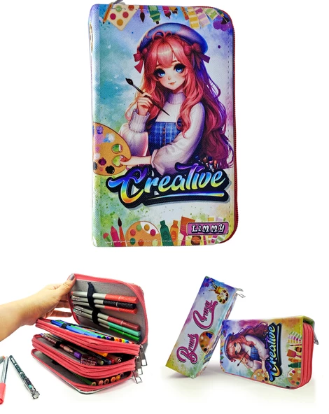 Kalem Kutusu Ressam Kız Resim Kawai Organizer Kalemkutu Vegan Deri Üç Bölmeli Kalemlik Pembe