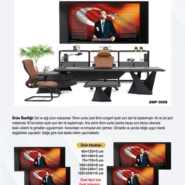 DERİ ÜZERİ UV BASKI ÇERÇEVELİ MAKAM ARKALIĞI ATATÜRK PANO 50*100